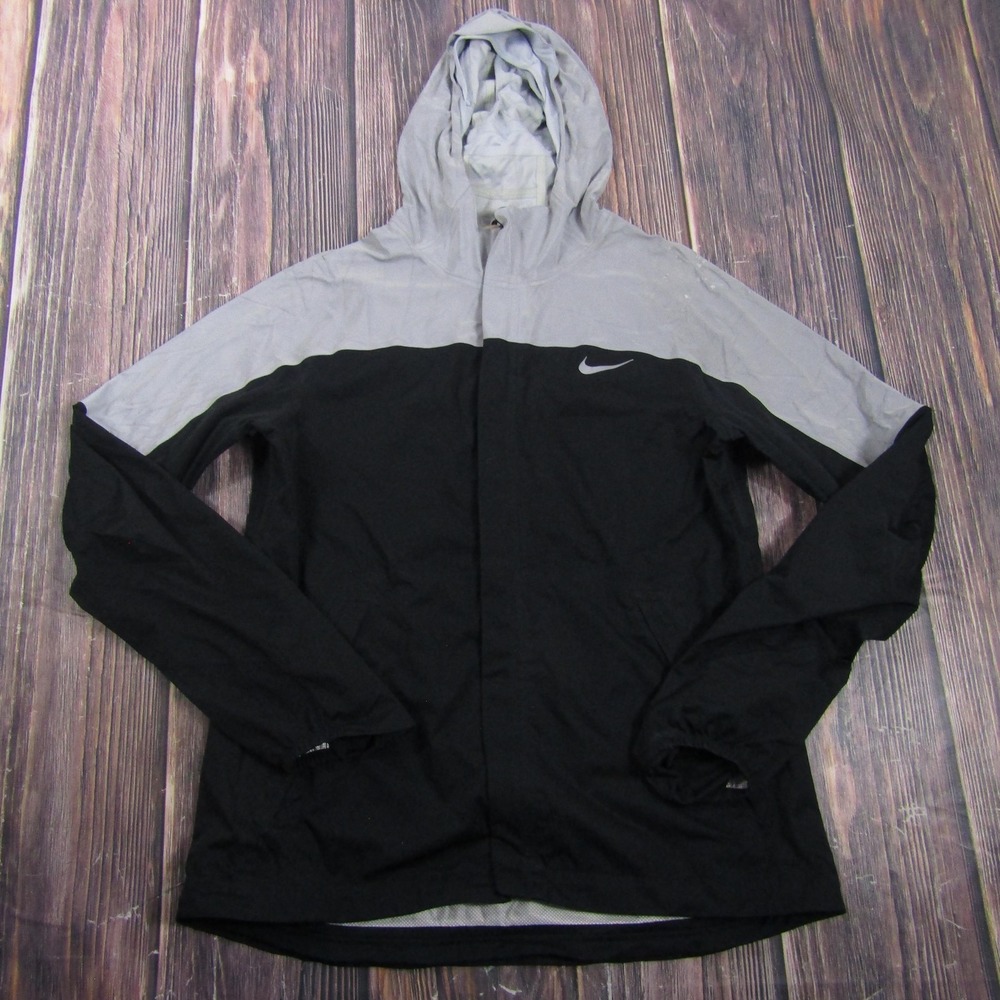 Nike Jacket Mens M Black Gray Windbreaker‎ Hooded Full Zip Lightweight Pockets
